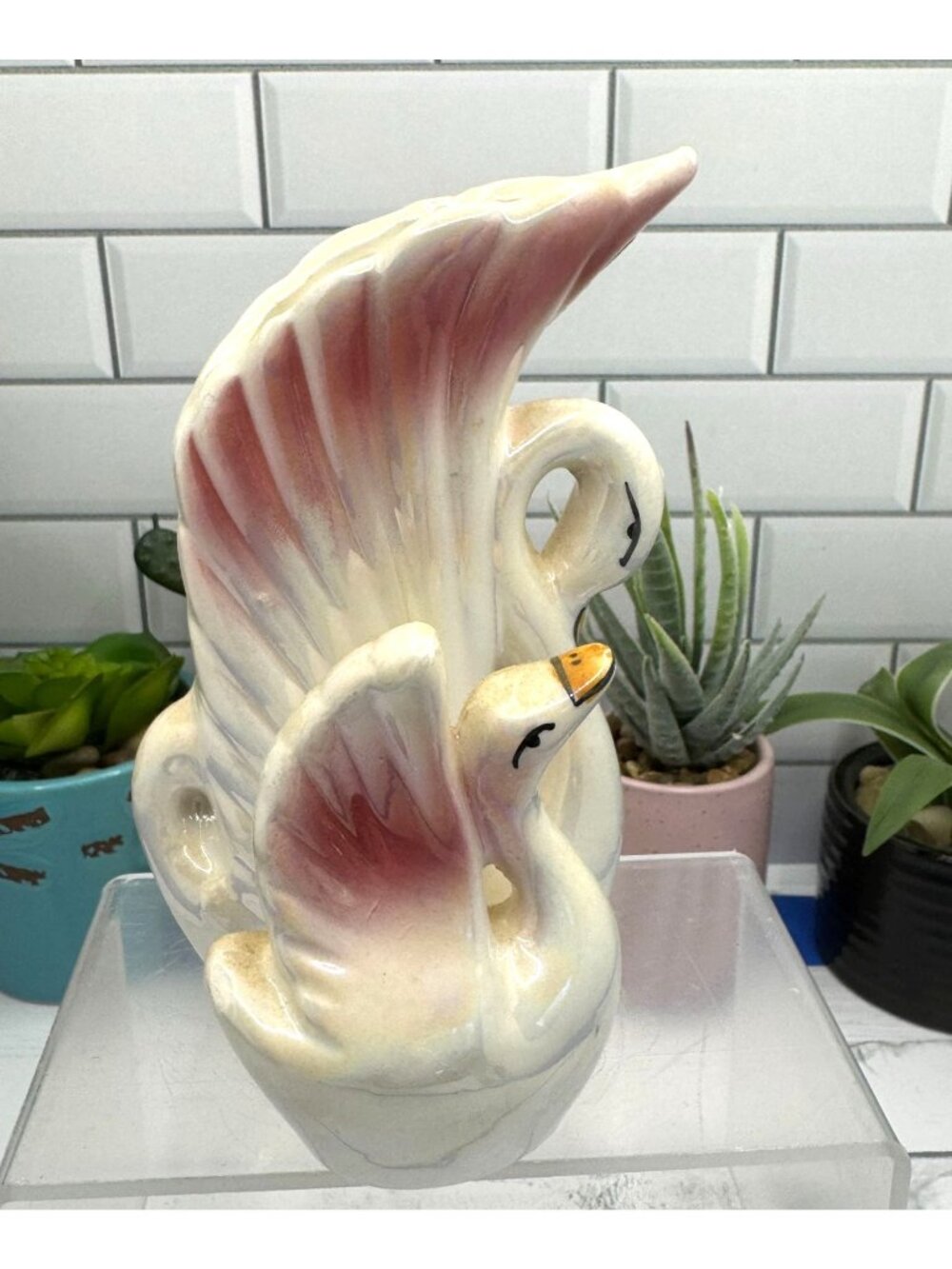 Vintage Ceramic Swan Vase With Pink Gradient Wings Double Swan Design Home Décor